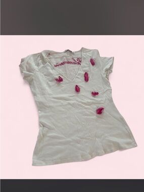Blumarine White V-Neck Short Sleeve Top with Pink butterfly Appliqués